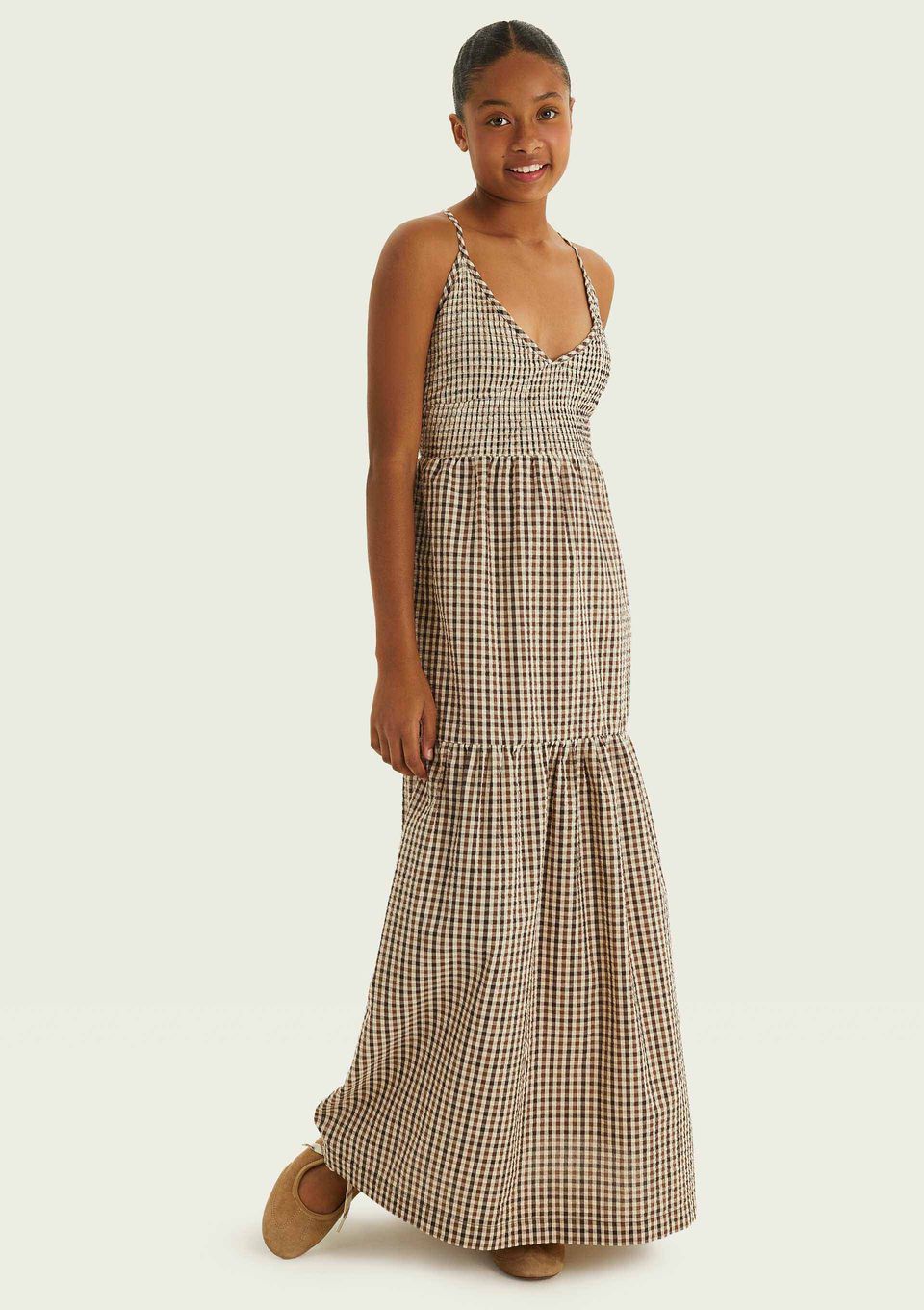Vestido Longo Teen em Anarruga Xadrez - Marrom