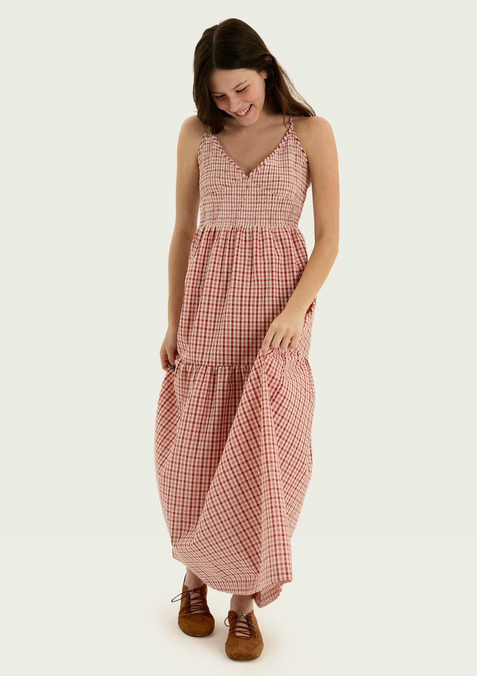 Vestido Longo Teen em Anarruga Xadrez - Vermelho