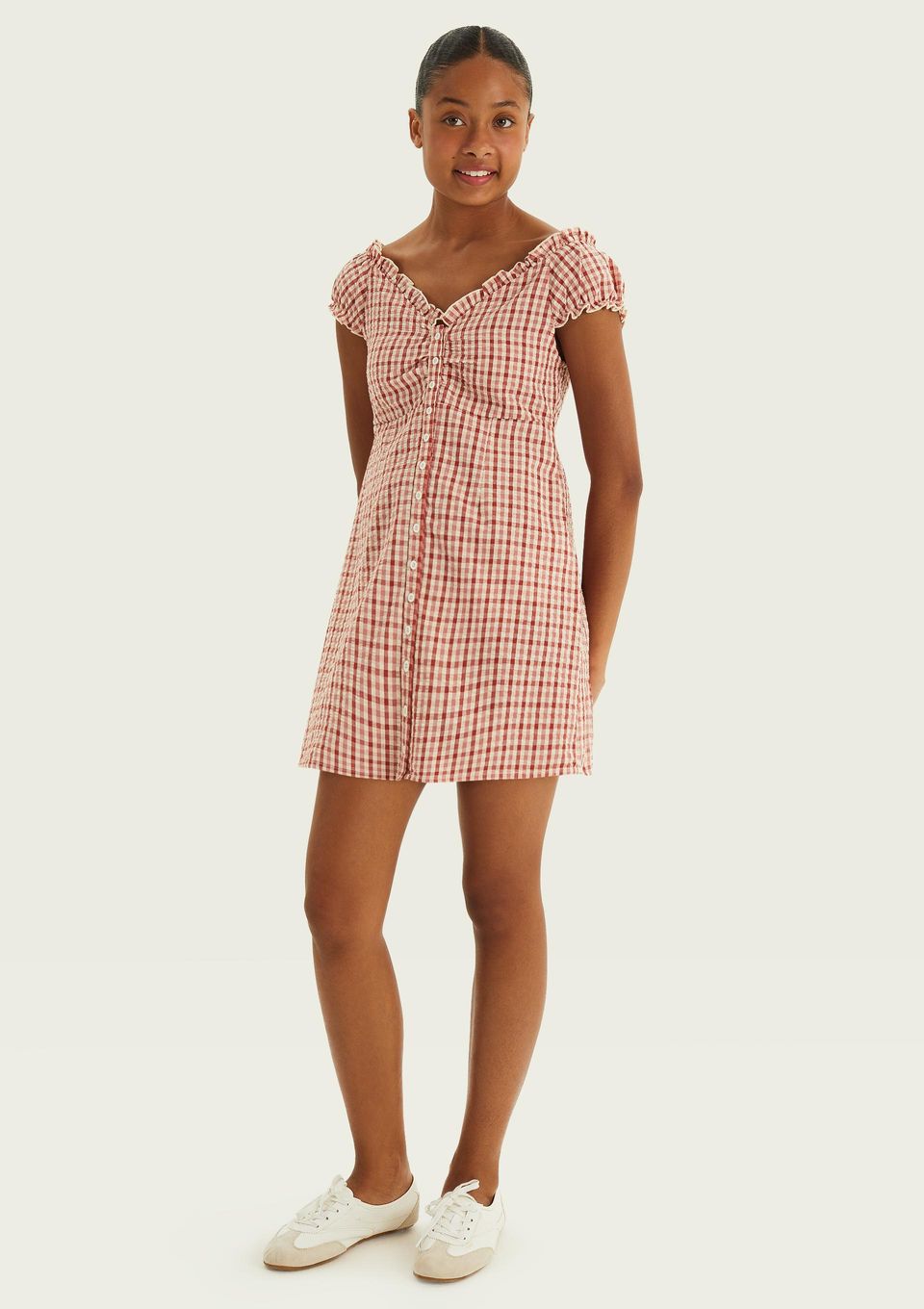 Vestido Curto Teen Ombro A Ombro em Anarruga - Vermelho