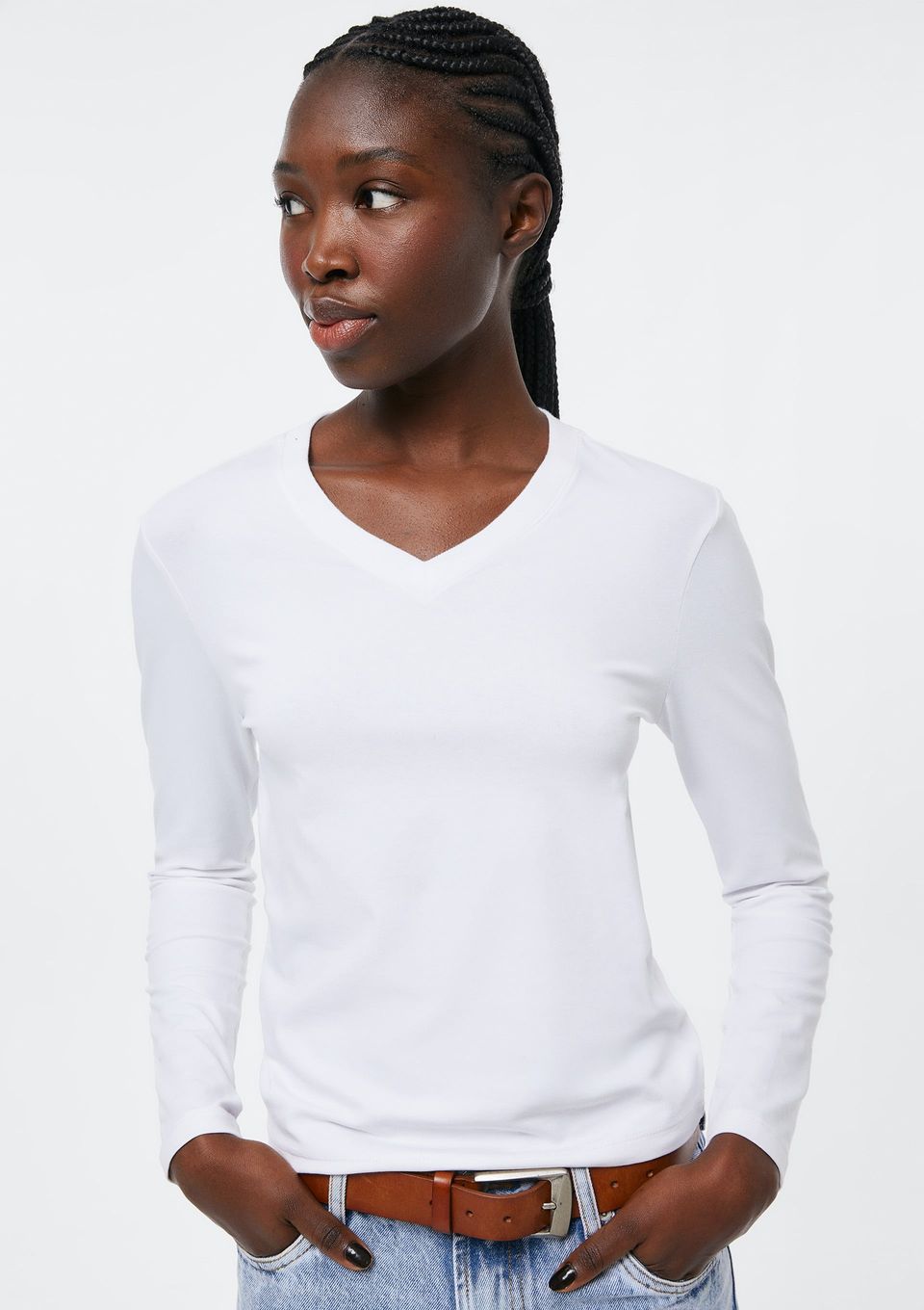 Blusa Básica Feminina Manga Longa Slim Decote V - Branco