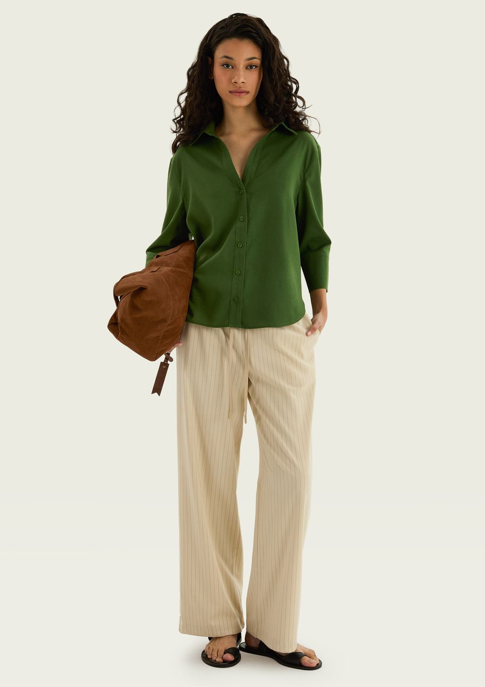 Calça Feminina Slouchy Listrada com Amarração - Off White