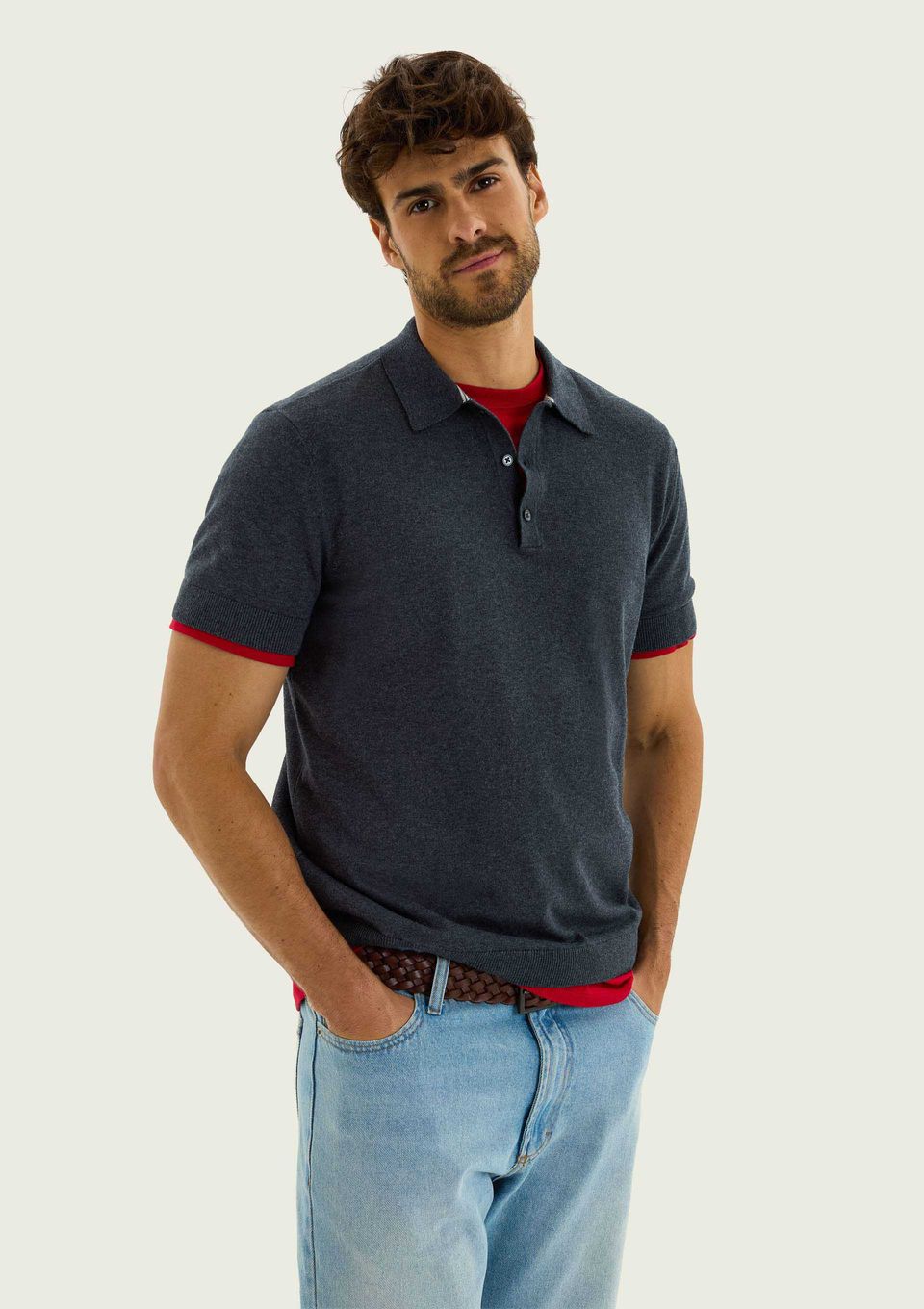 Polo Masculina Manga Curta em Tricô Mescla - Cinza