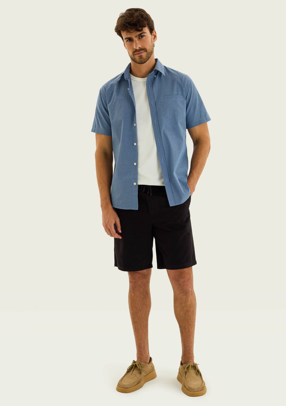 Camisa Masculina Slim Manga Curta - Azul