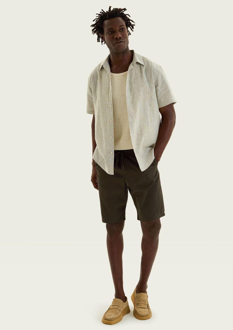 Camisa Masculina Manga Curta Fio Tinto Listrada em Linho - Verde