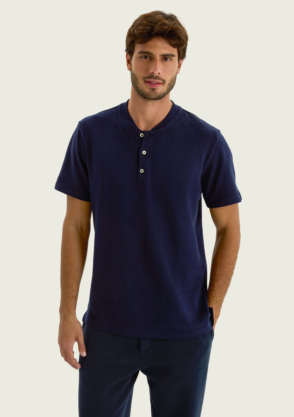 Camiseta Básica Henley Masculina Regular Texturizada - Azul