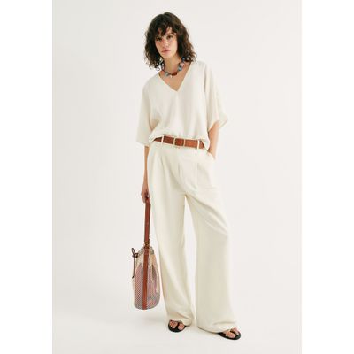 Calça Feminina Cintura Média Com Linho - Creme