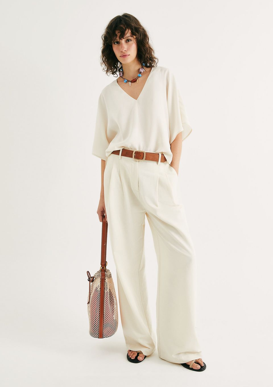 Calça Feminina Cintura Média com Linho - Creme