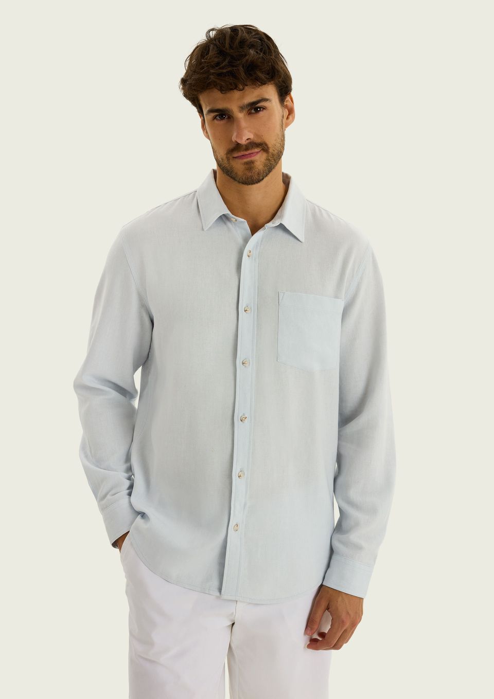Camisa Básica Masculina Manga Longa Slim em Linho - Azul