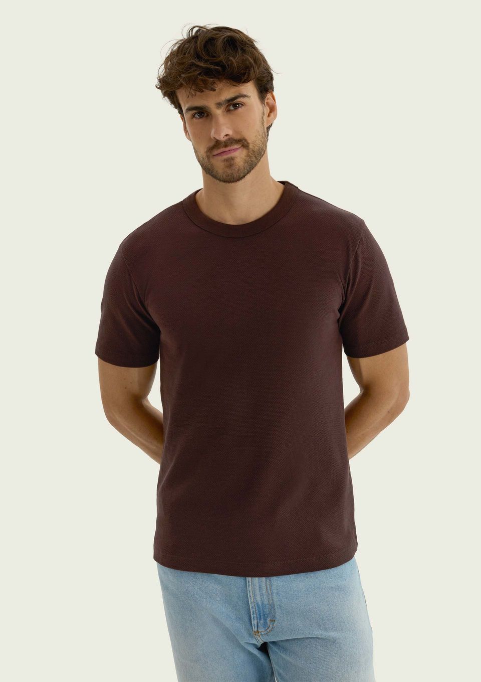 Camiseta Masculina Manga Curta Texturizada - Marrom
