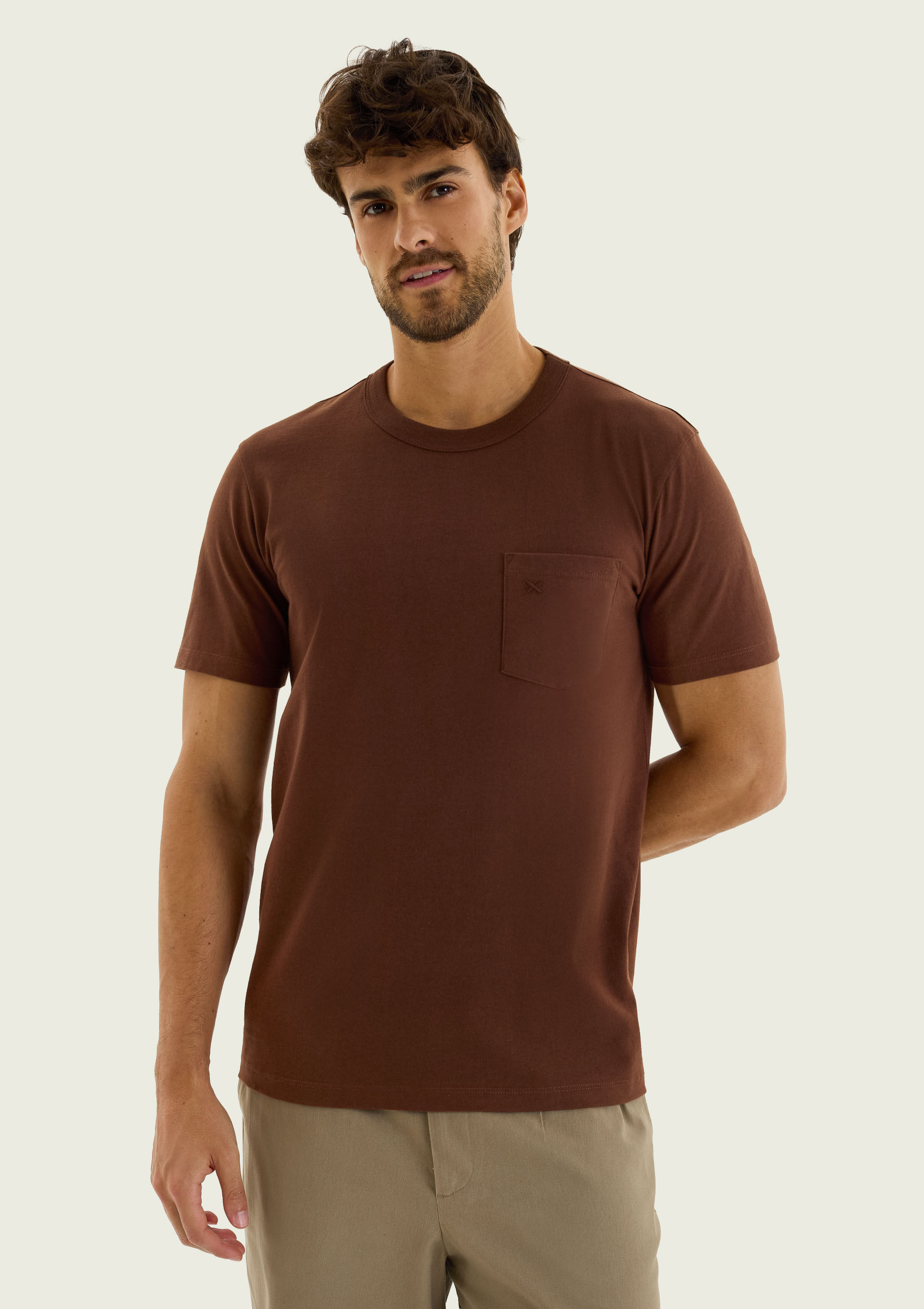 Camiseta Masculina Manga Curta Com Bolso - Marrom