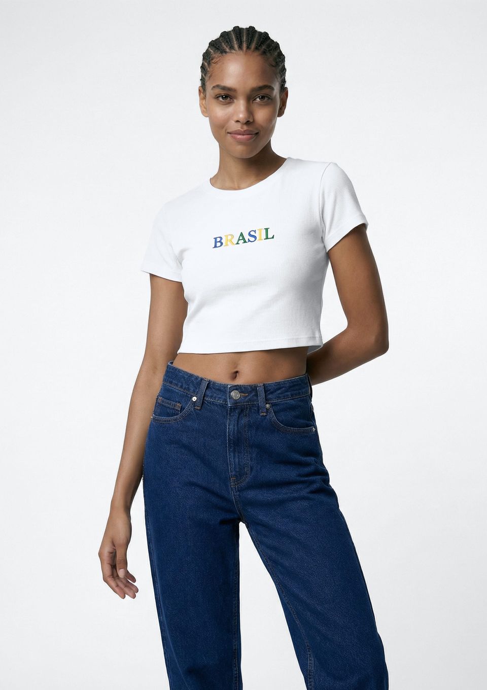 Camiseta Feminina Cropped Torcida em Malha - Off White