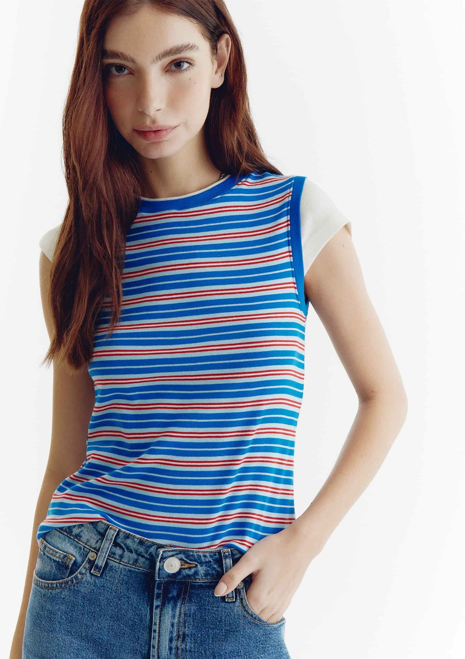 Blusa Feminina Listrada com Sobreposição - Azul