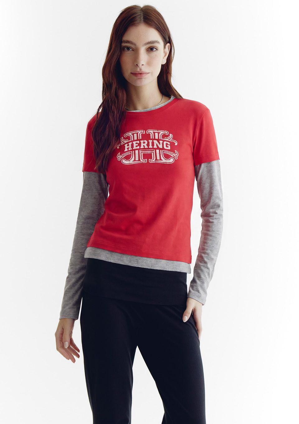 Camiseta Feminina Manga Longa com Sobreposição - Vermelho