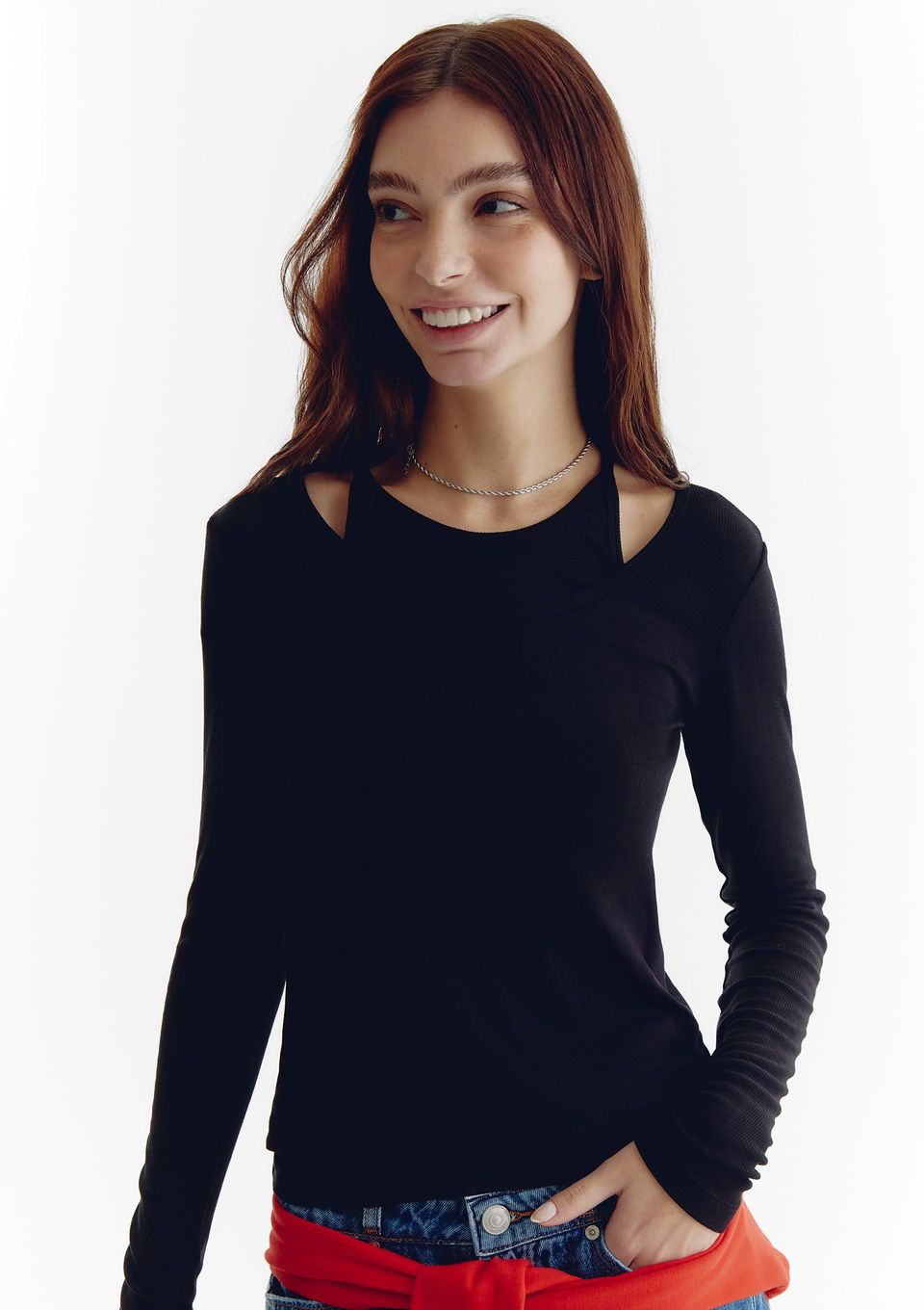 Blusa Feminina com Sobreposição Manga Longa - Preto