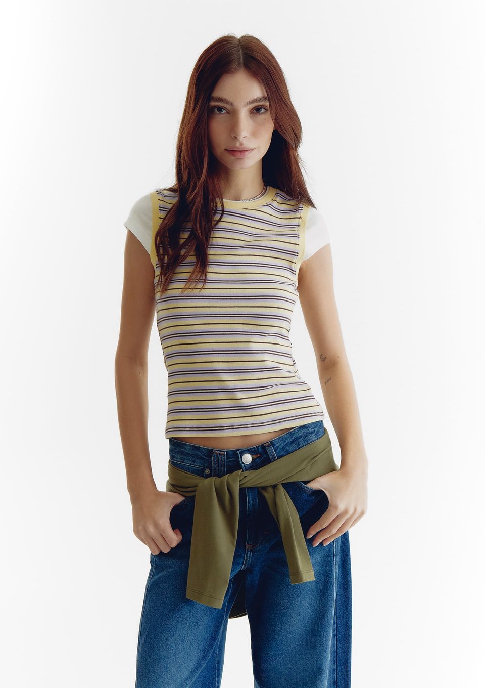 Blusa Feminina Listrada com Sobreposição - Amarelo