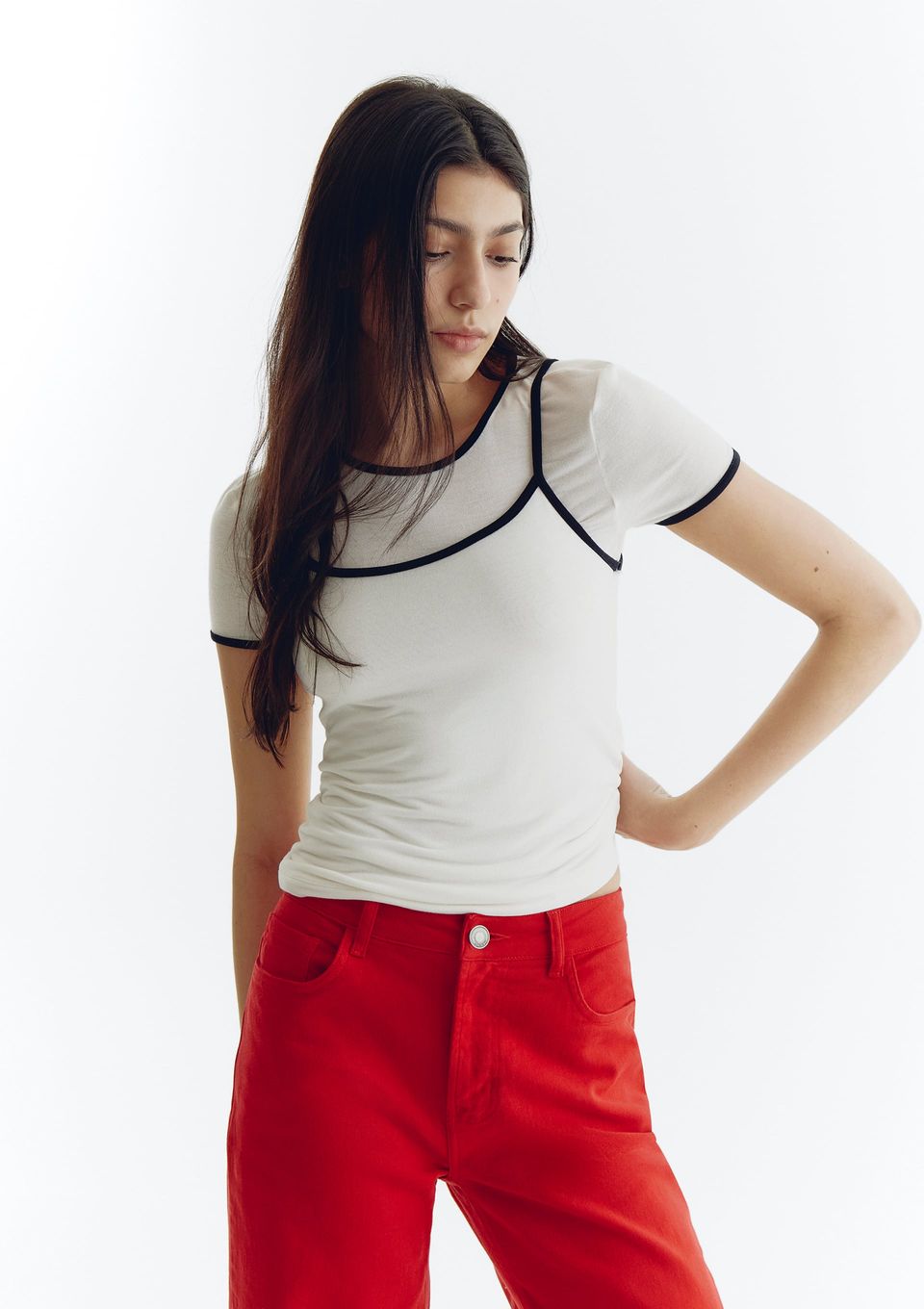 Blusa Feminina Manga Curta com Sobreposição - Off White
