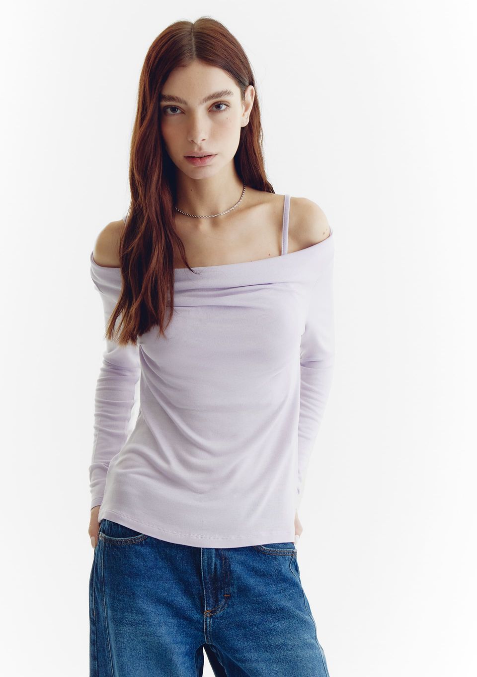 Blusa Feminina Decote Canoa Manga Longa com Sobreposição - Lilás