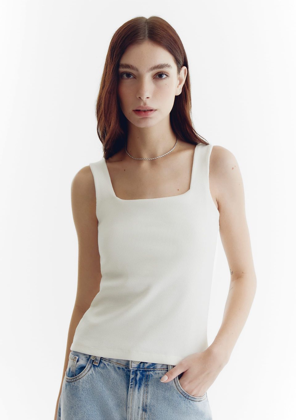 Regata Feminina Decote Quadrado em Ribana - Off White