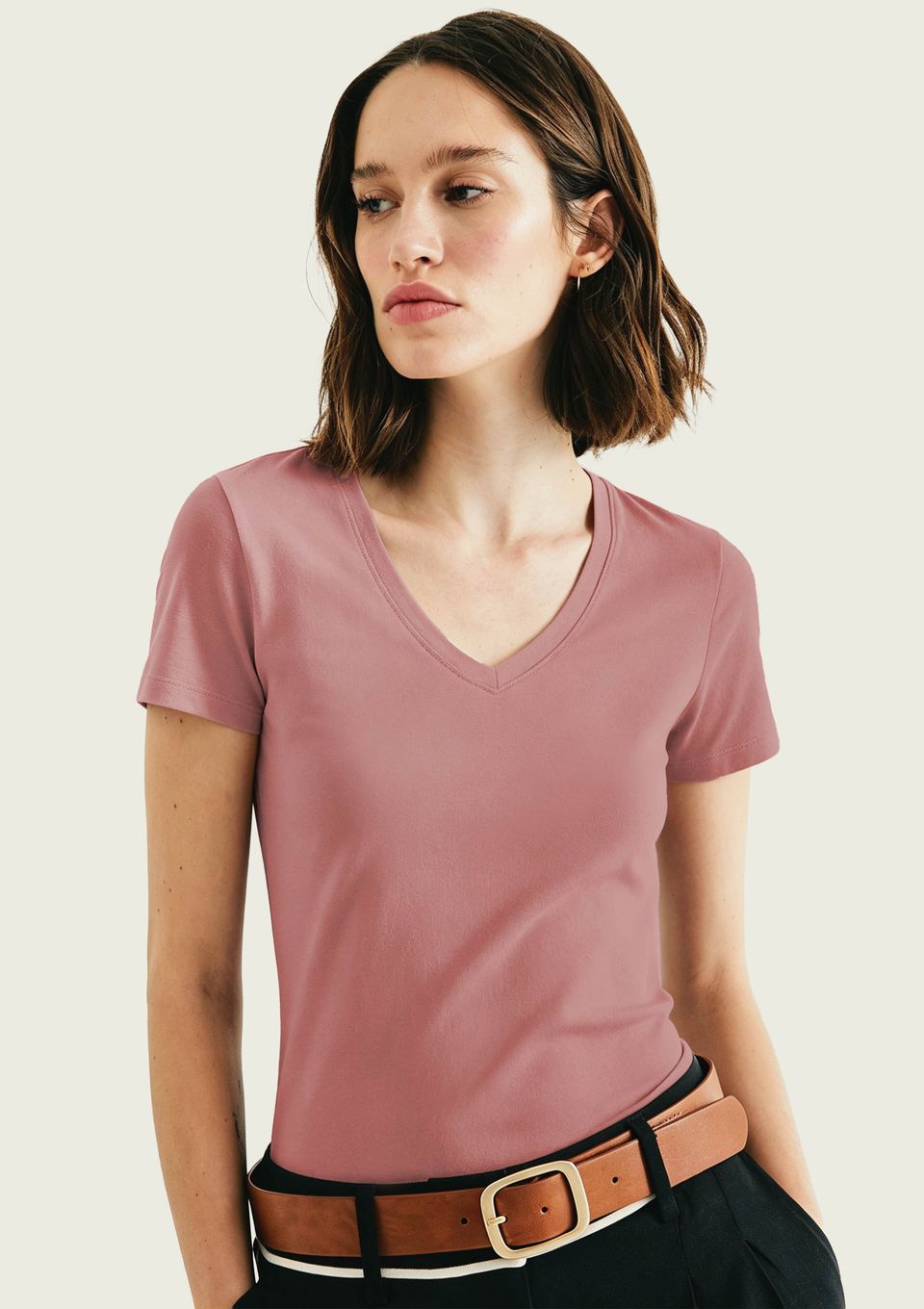 Blusa Básica Feminina Slim Decote V - Rosa