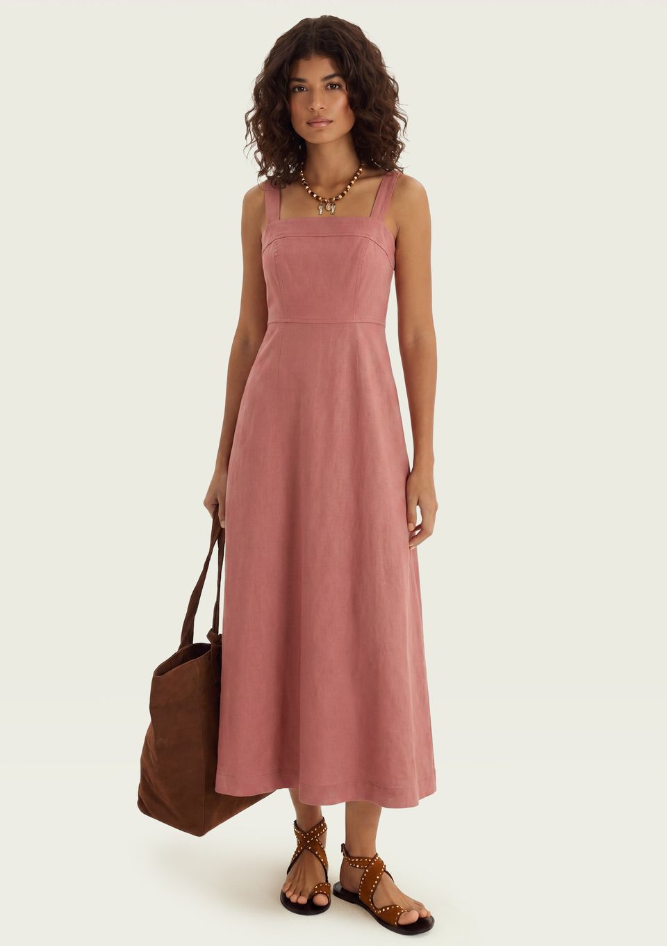 Vestido Midi Evasê Alças Médias Rústico com Linho - Rosa