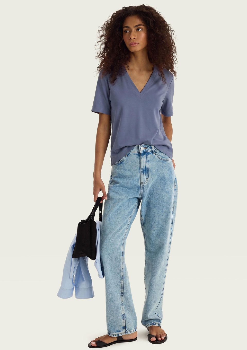 Blusa Feminina Manga Curta Decote V - Azul