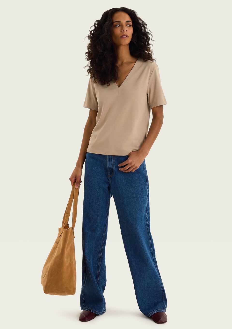 Blusa Feminina Manga Curta Decote V - Bege