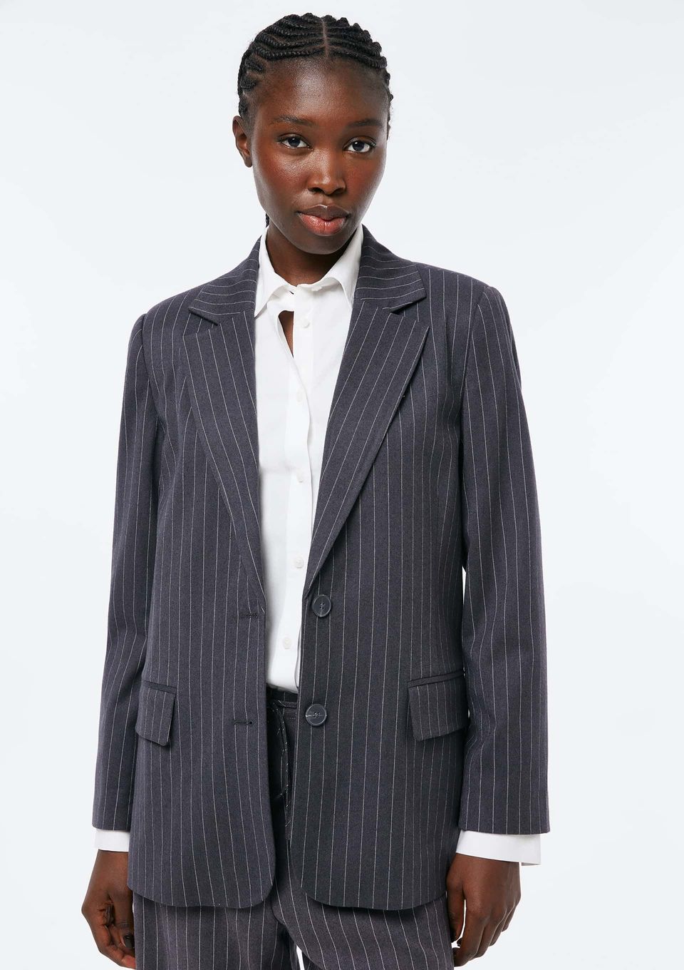 Blazer Feminino Risca de Giz Fio Tinto - Cinza