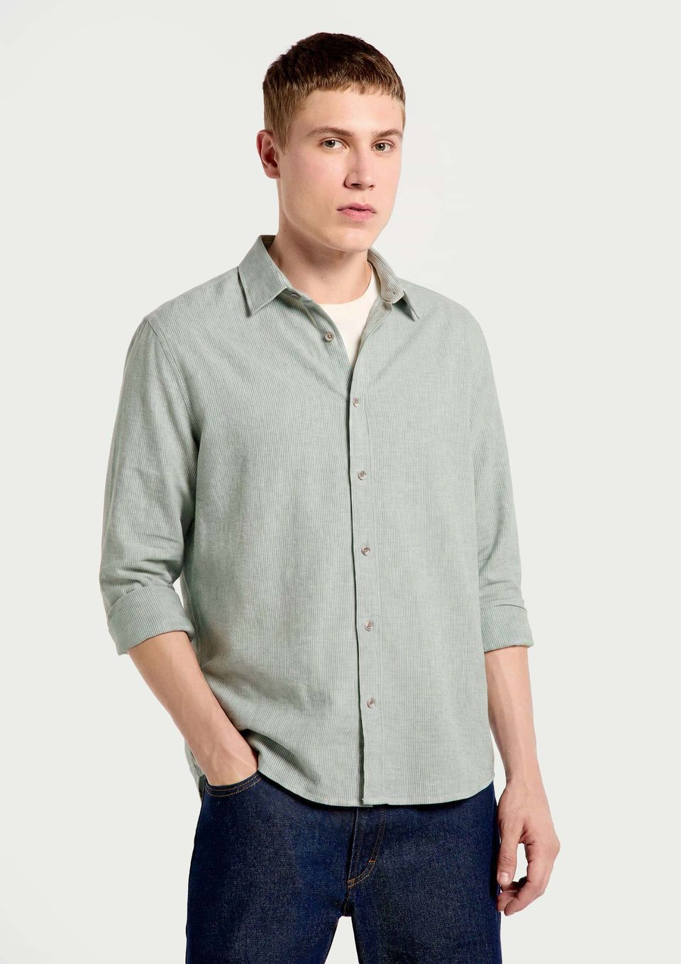 Camisa Masculina Manga Longa Listrada em Linho - Verde