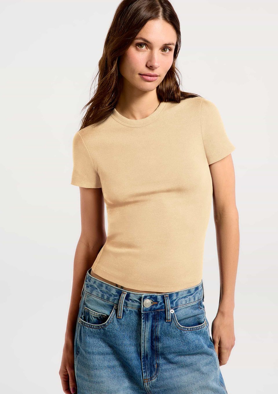 Blusa Feminina Manga Curta Slim em Ribana - Bege