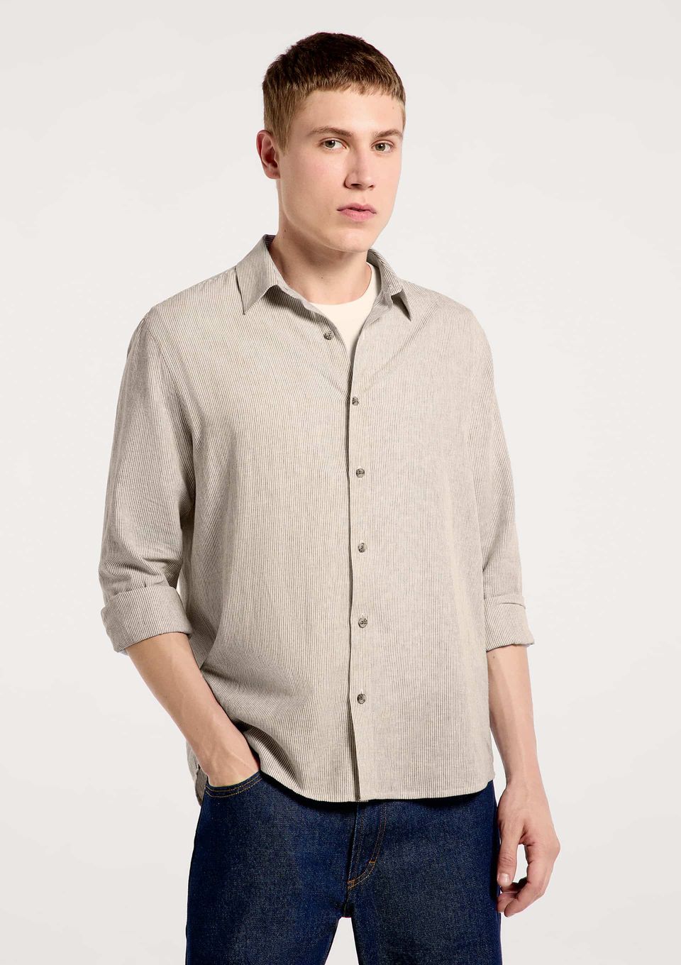Camisa Masculina Manga Longa Listrada em Linho - Off White