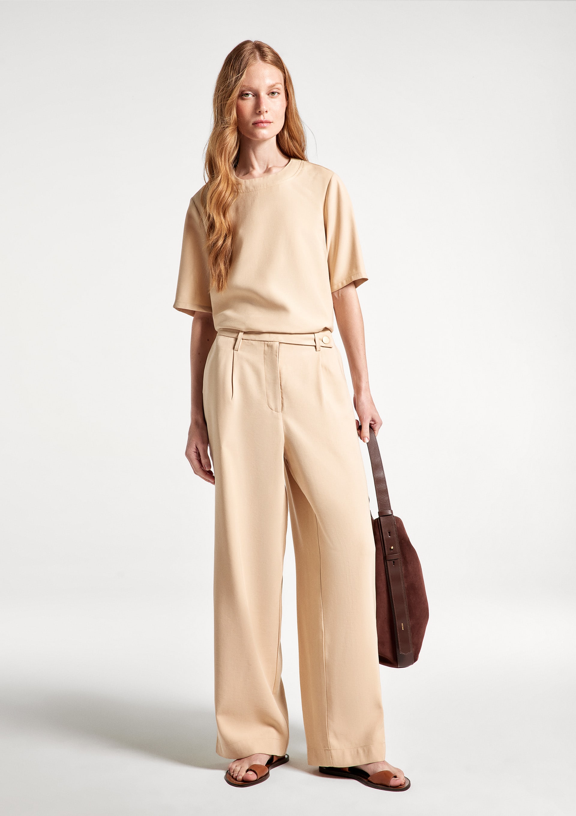 Calça Feminina Reta Cintura Alta Peach Touch - Bege — Hering