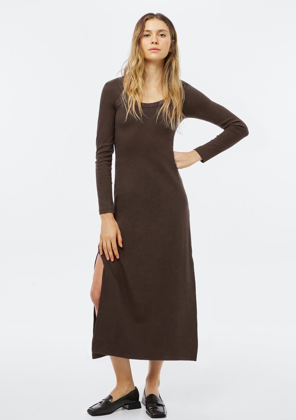 Vestido Longo em Ribana Canelada - Marrom