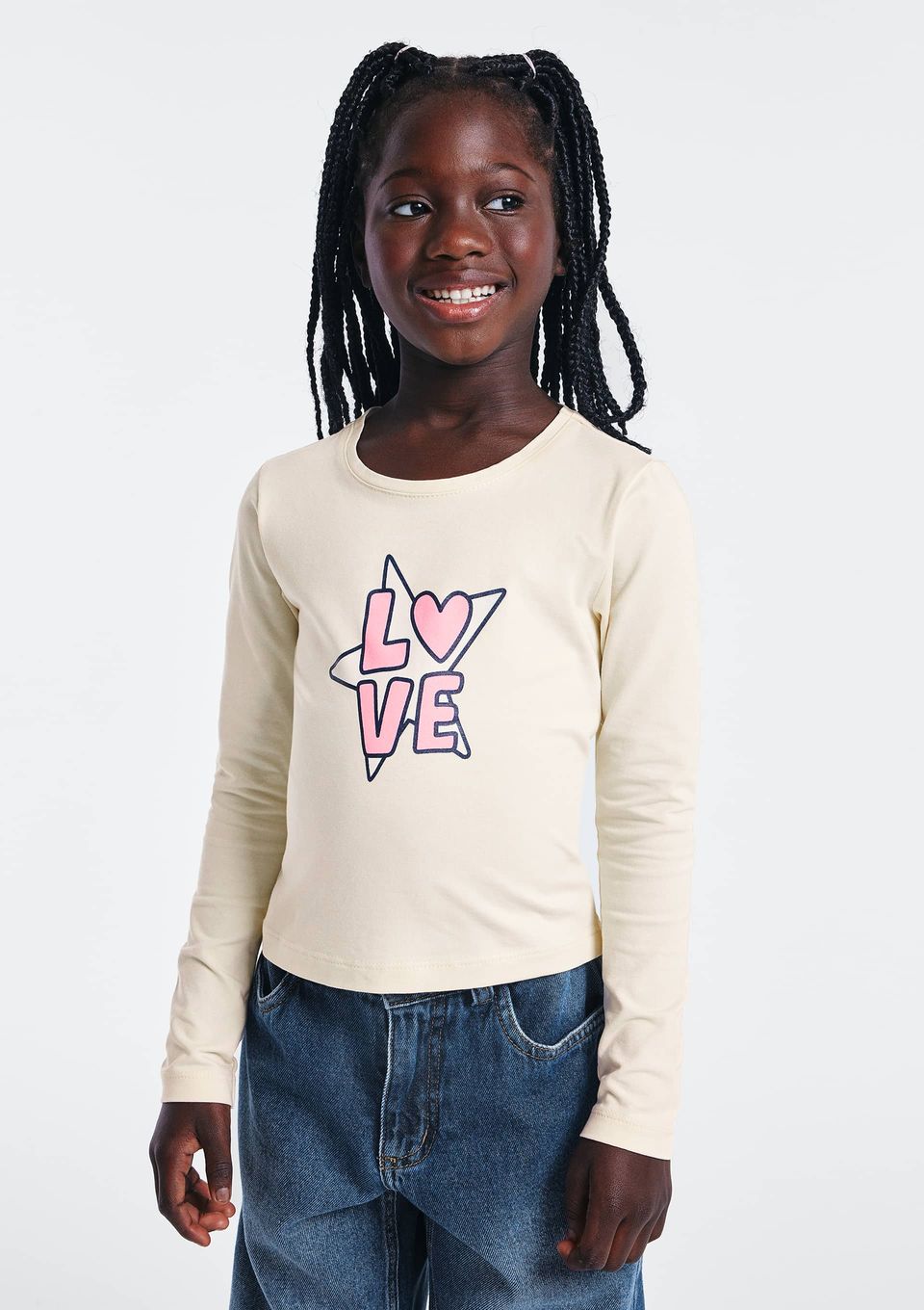 Blusa Infantil Menina Manga Longa Slim com Estampa - Creme