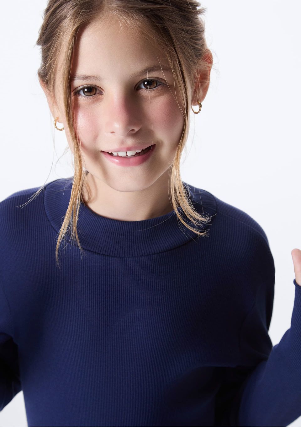 Blusa Básica Infantil Menina Gola Alta em Ribana com Fru-Fru - Azul