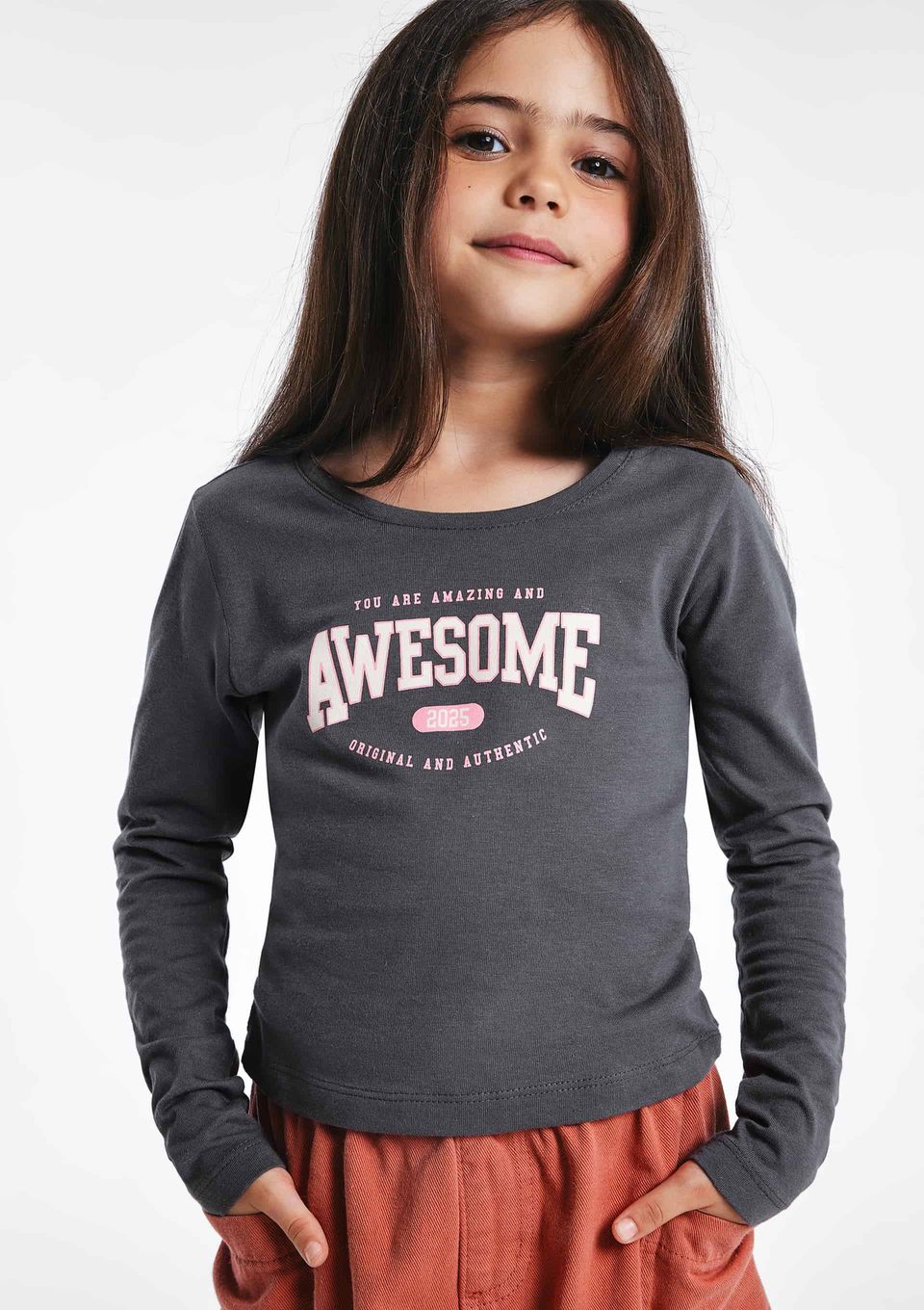 Blusa Infantil Menina Manga Longa Slim com Estampa - Cinza