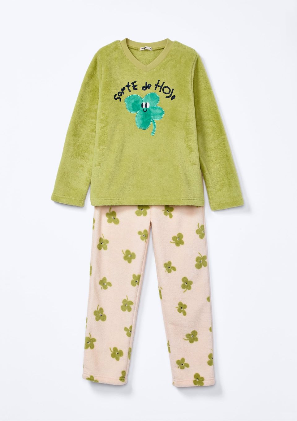 Pijama Infantil Menina Longo Estampado em Fleece - Verde