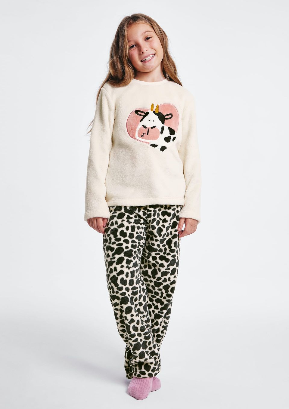 Pijama Infantil Menina Longo Estampado em Fleece - Off White