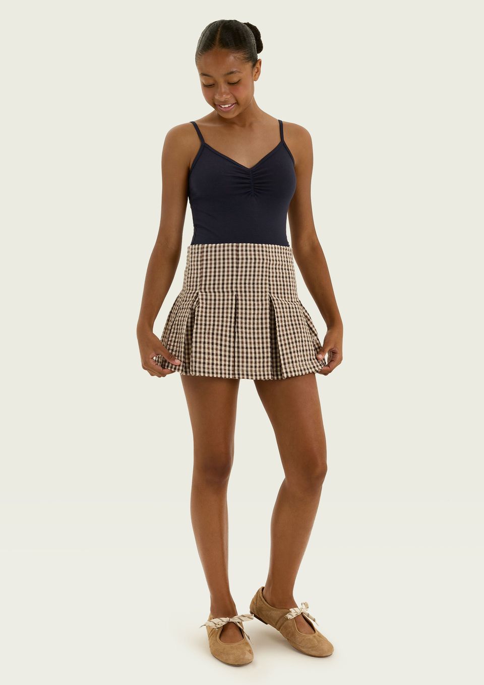 Shorts Saia Teen em Anarruga Xadrez - Marrom