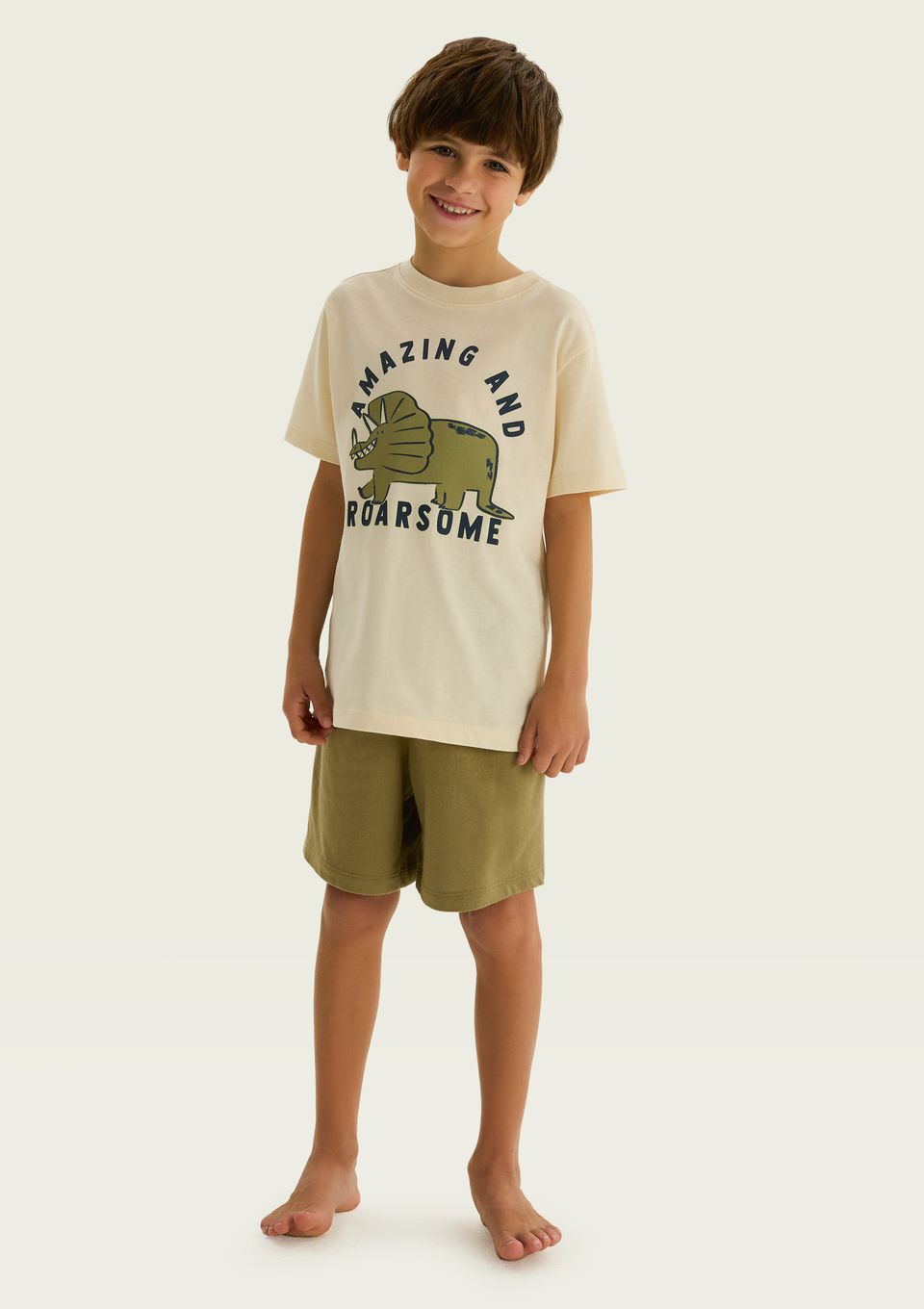 Pijama Infantil Menino Curto com Estampa - Creme
