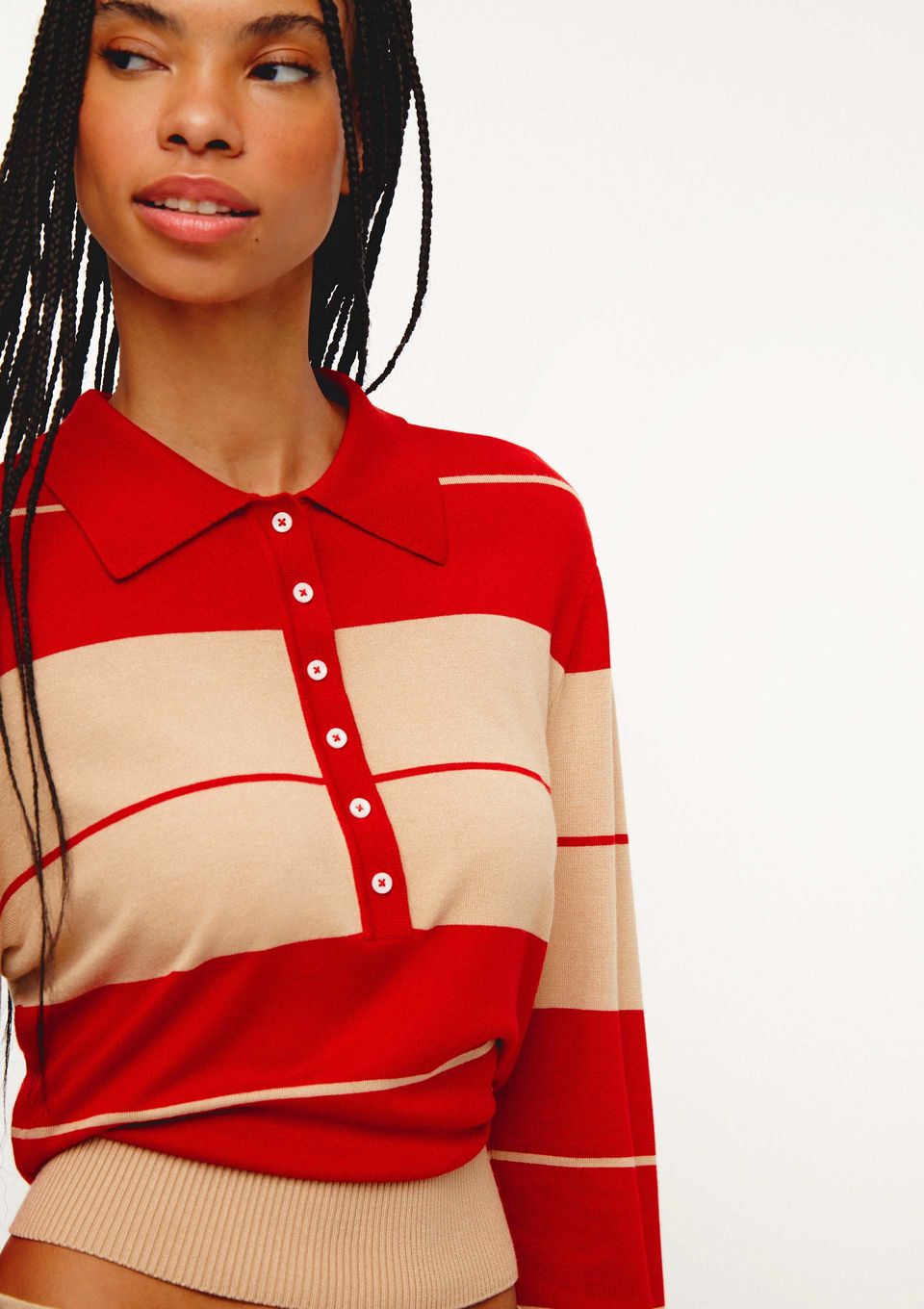 Polo Feminina Manga Longa Listrada em Tricô Leve - Vermelho