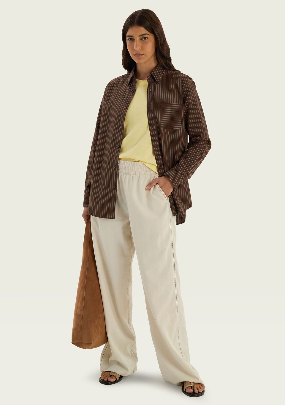 Camisa Feminina Manga Longa Listrada - Marrom