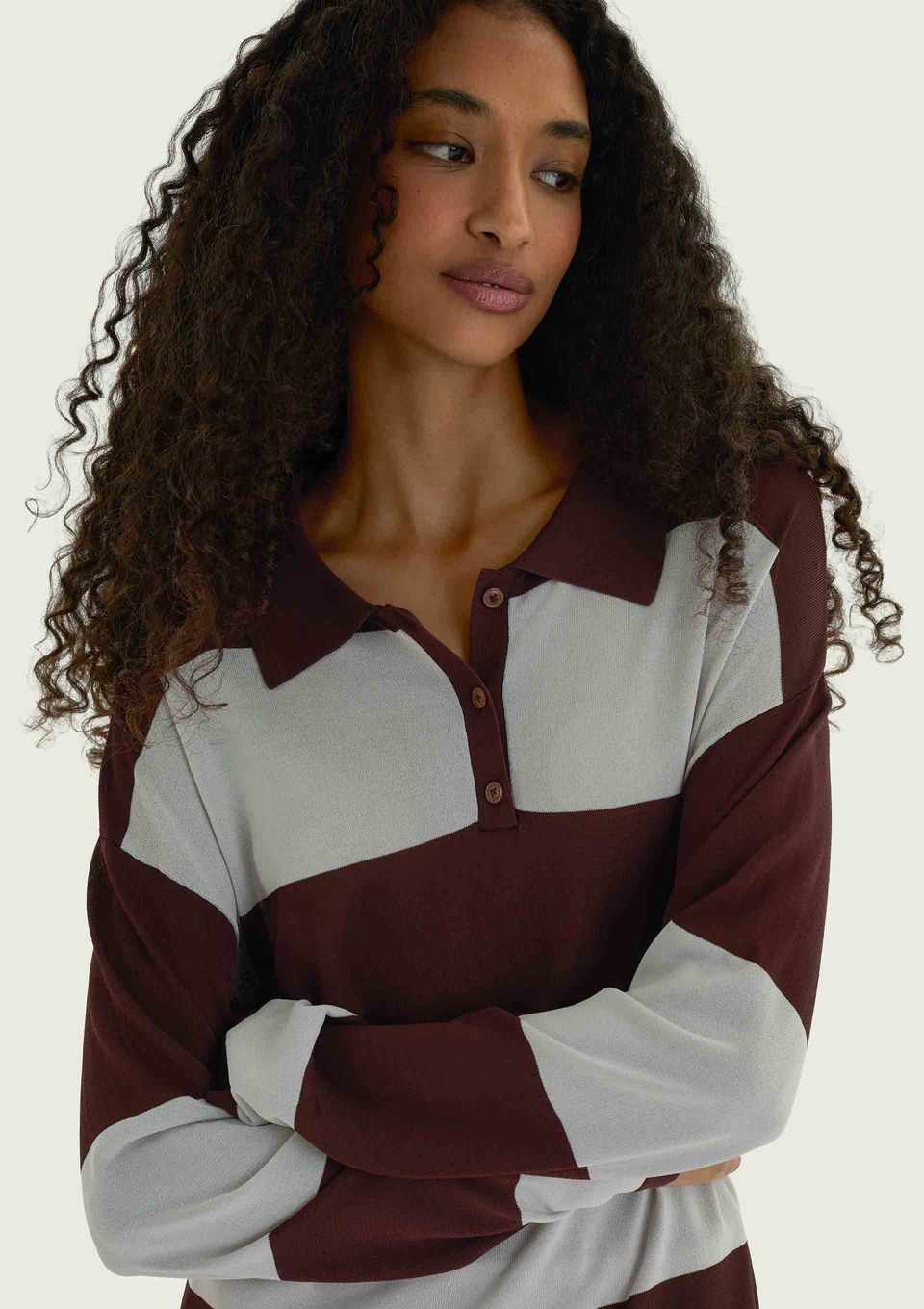 Polo Feminina Manga Longa em Tricô Listrado - Marrom