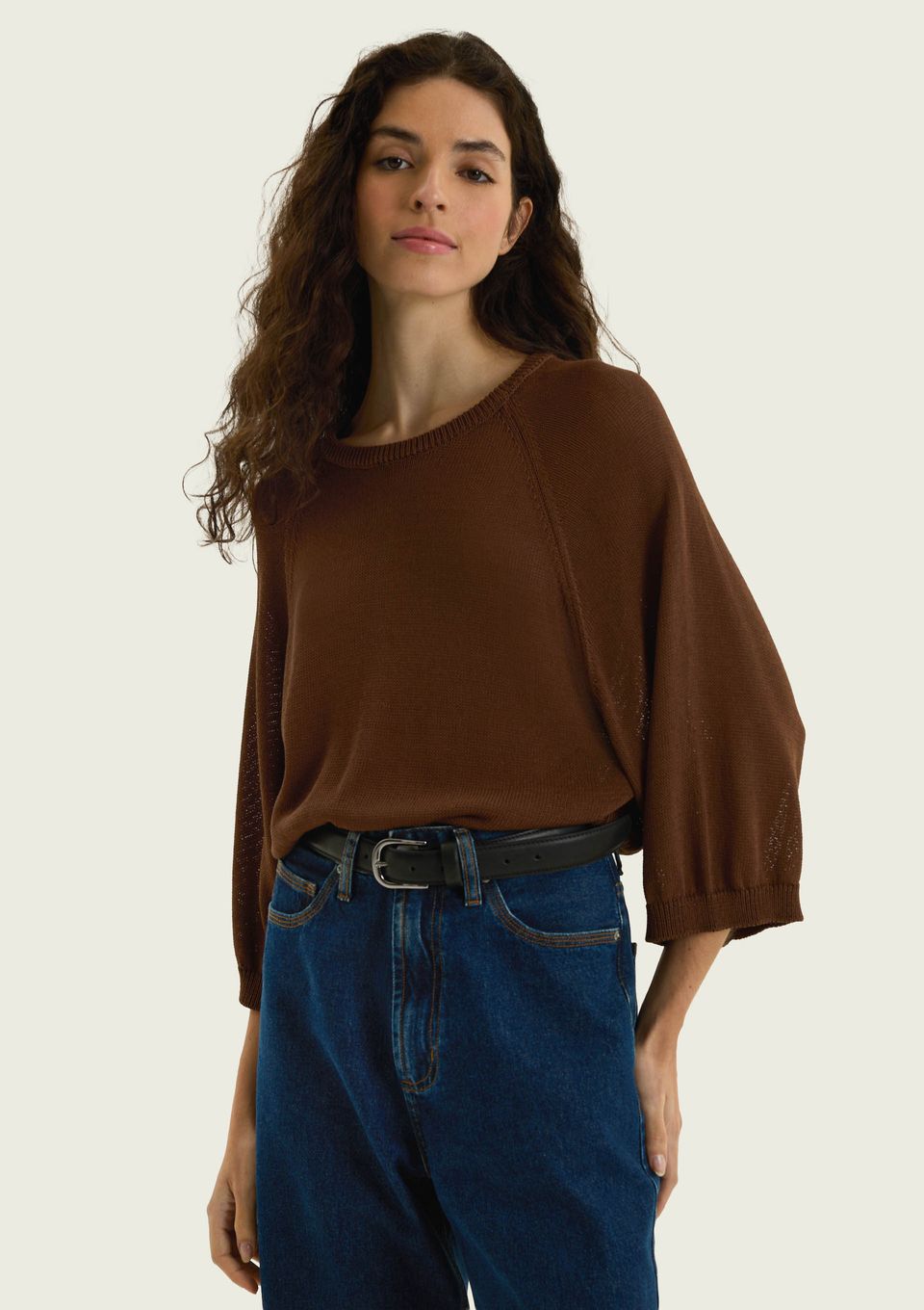 Blusa Feminina Manga 7/8 em Tricô - Marrom