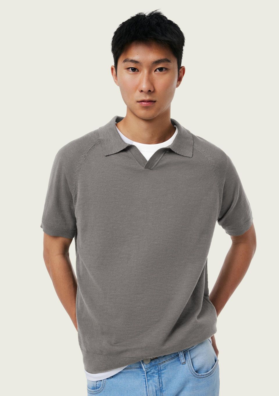 Polo Masculina em Tricô Flamê - Cinza