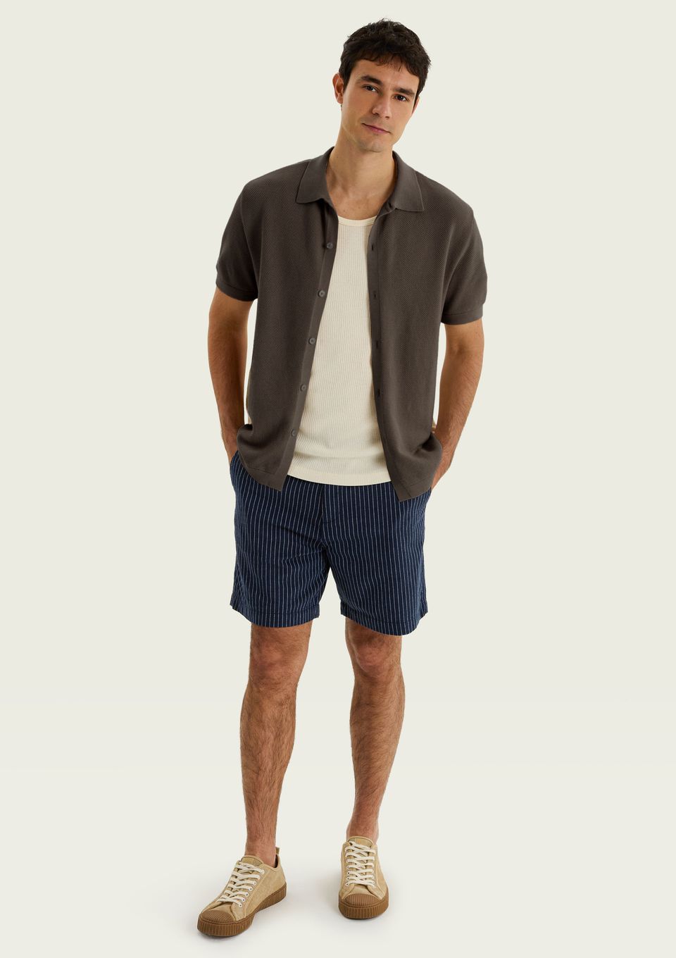 Camisa Masculina Manga Curta em Tricô - Marrom