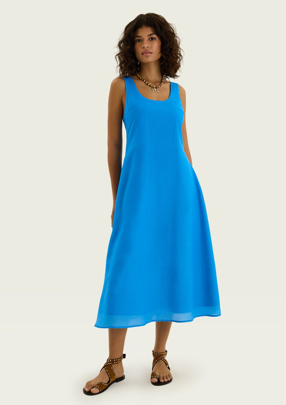 Vestido Midi Evasê em Liocel - Azul