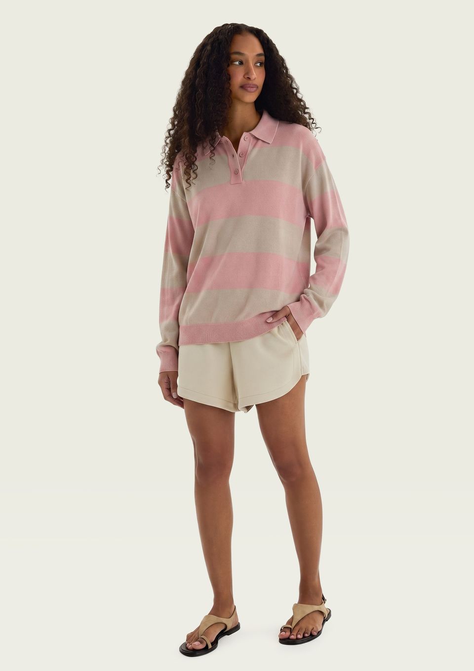 Polo Feminina Manga Longa em Tricô Listrado - Rosa