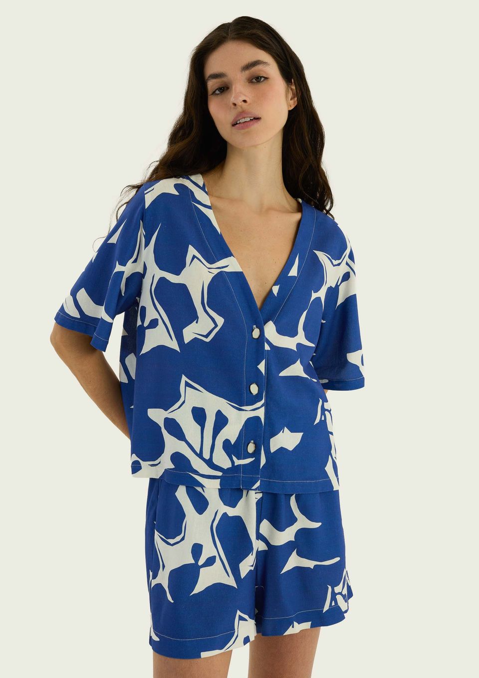 Blusa Feminina Manga Curta Estampada - Azul