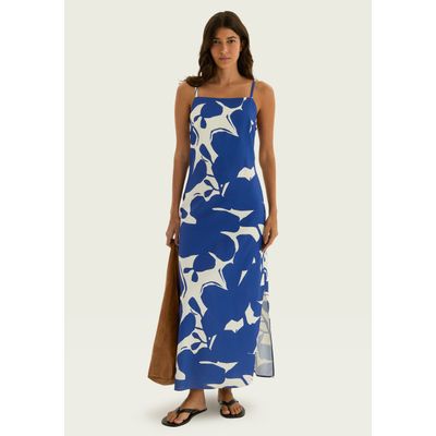 Vestido Midi Estampado Em Viscolinho - Azul