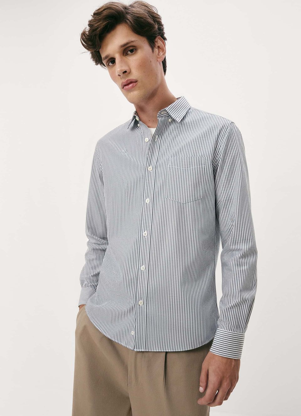 Camisa Básica Masculina Manga Longa Fio Tinto - Azul